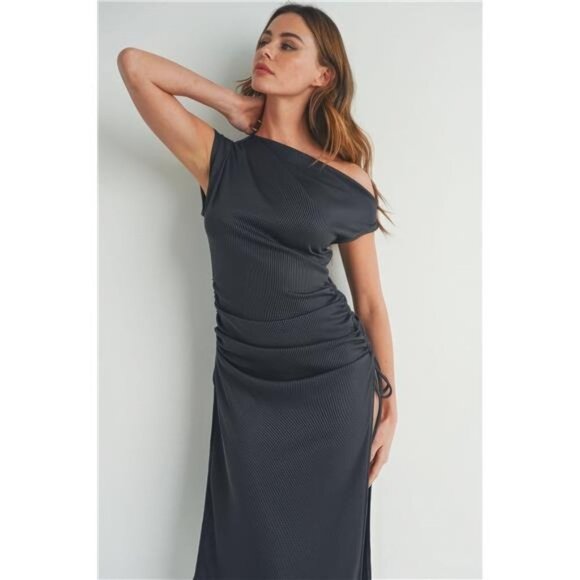 Charcoal Off The Shoulder Maxi Dress With Slit For Women - Picture 4 of 8